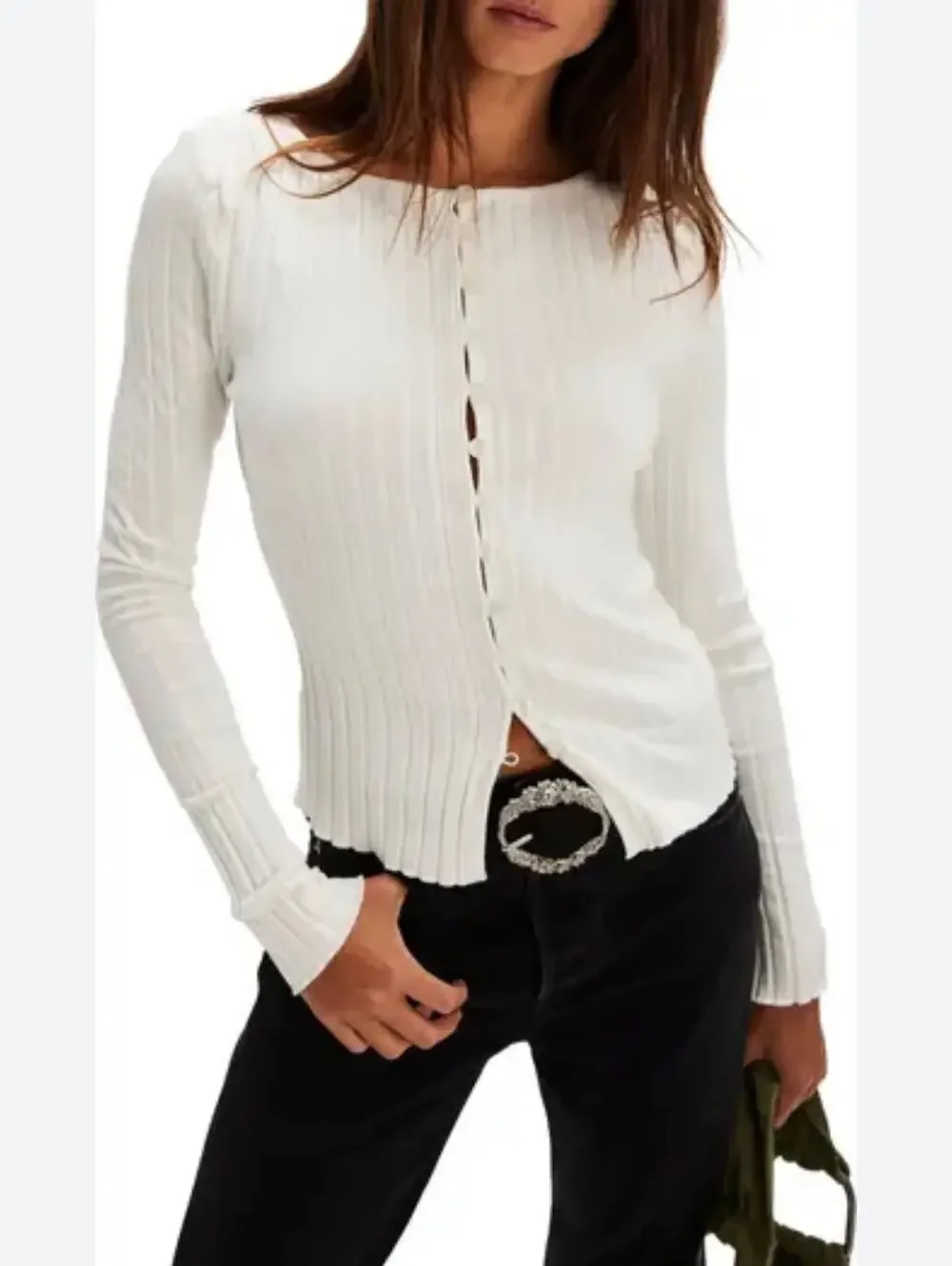 Free People White Ribbed Long-Sleeve Button Cardigan